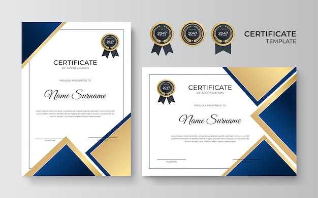 Modello di certificato moderno ed elegante blu e oro