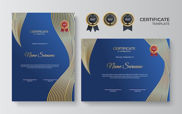 Modello di certificato moderno ed elegante in oro blu