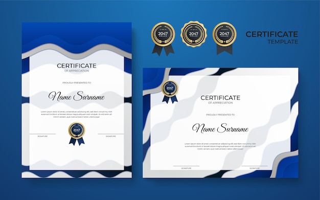 Modern elegant blue and gold diploma certificate template design. blue and gold certificate of achievement border template with luxury badge and modern line pattern. for award, business, and education