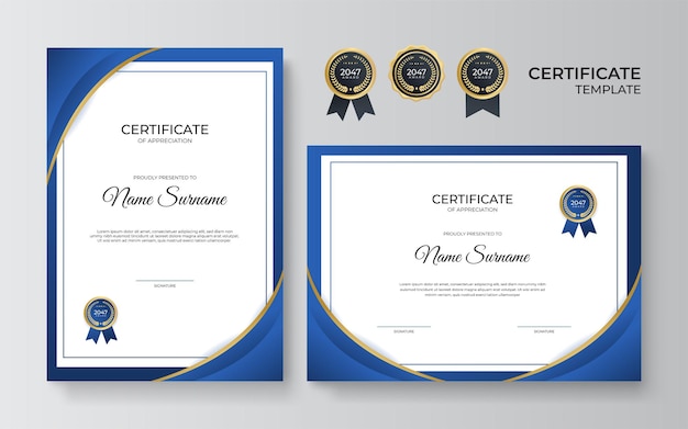 Modern elegant blue and gold diploma certificate template design. Certificate award template with luxury pattern, diploma, and premium badges design. Vector illustration