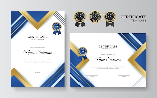 Современный элегантный дизайн шаблона сертификата синего и золотого диплома. Шаблон награды сертификата с роскошным рисунком, дипломом и дизайном значков премиум-класса. Векторная иллюстрация