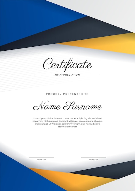 Modern elegant blue orange and black diploma certificate template Certificate of achievement border template with luxury badge and modern line pattern For award business and education needs