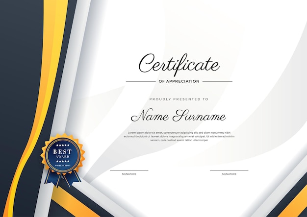 Modern elegant blue orange and black diploma certificate template Certificate of achievement border template with luxury badge and modern line pattern For award business and education needs