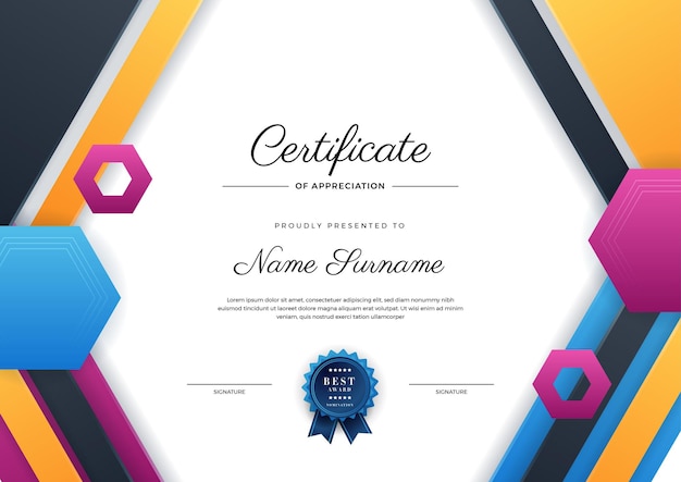 Modern elegant blue orange and black diploma certificate template Certificate of achievement border template with luxury badge and modern line pattern For award business and education needs