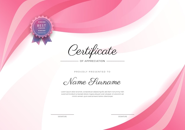 Modern elegant blue and pink certificate of achievement template with badge and border Designed for diploma award business university school and corporate