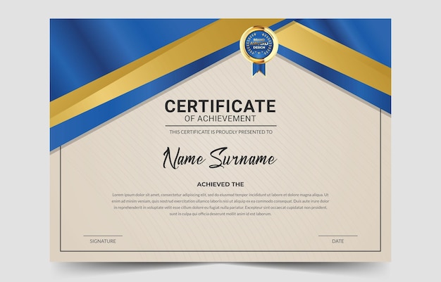 Modern elegant certificaat van prestatiesjabloonontwerp met patroon en gouden badge