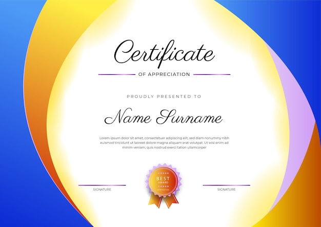 Modern elegant colorful diploma certificate template Certificate of achievement border template with luxury badge and modern line pattern For award business and education needs