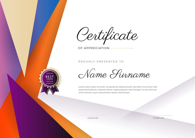 Modern elegant colorful diploma certificate template Certificate of achievement border template with luxury badge and modern line pattern For award business and education needs