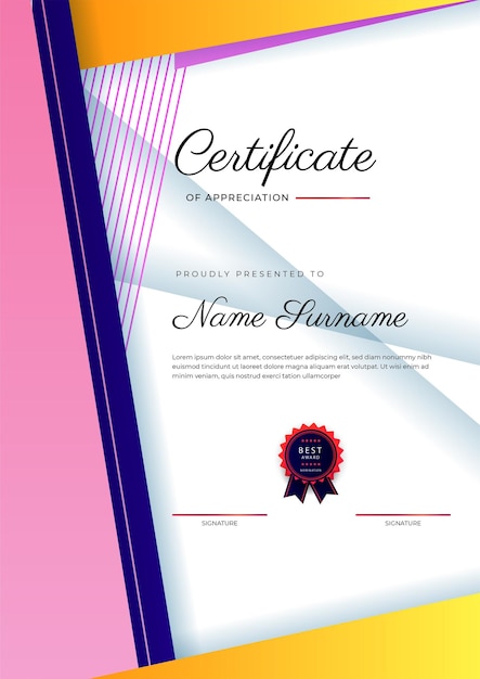 Modern elegant colorful diploma certificate template Certificate of achievement border template with luxury badge and modern line pattern For award business and education needs