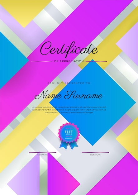 Modello di certificato di diploma moderno ed elegante colorato modello di bordo certificato di conseguimento con badge di lusso e motivo a linee moderne per esigenze aziendali e educative