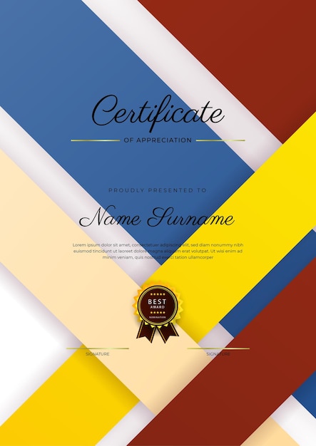 Modello di certificato di diploma moderno ed elegante colorato modello di bordo certificato di conseguimento con badge di lusso e motivo a linee moderne per esigenze aziendali e educative