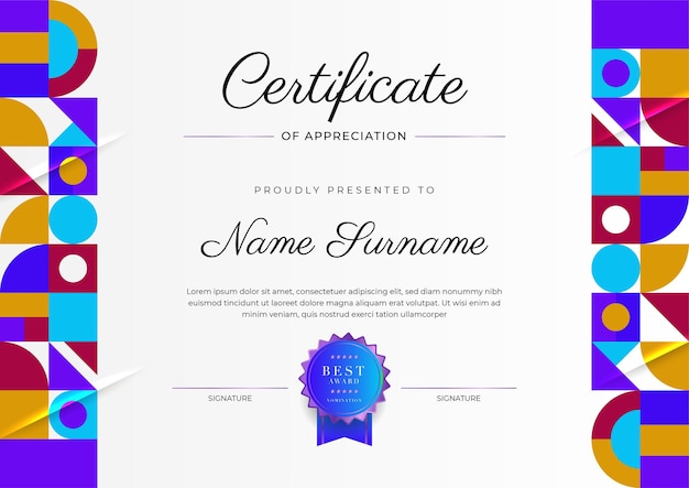 Modern elegant colorful diploma certificate template certificate of achievement border template with luxury badge and modern line pattern for award business and education needs