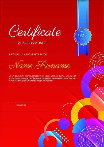 Modello di certificato di diploma moderno ed elegante colorato modello di bordo certificato di conseguimento con badge di lusso e motivo a linee moderne per esigenze aziendali e educative