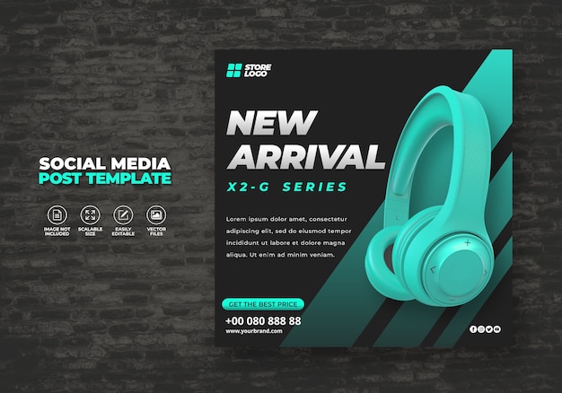 Modern and elegant cyan color wireless headphone brand product for social media template banner