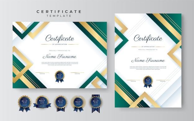 Modello di certificato di conseguimento moderno ed elegante verde scuro e oro con badge e bordo in oro progettato per lo sfondo della scuola universitaria aziendale e aziendale