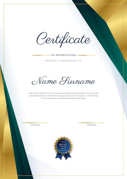 Modern elegant dark green and gold certificate of achievement template with gold badge and border Designed for diploma award business university school background and corporate