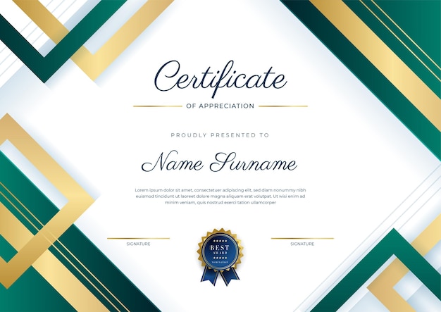 Modern elegant dark green and gold certificate of achievement template with gold badge and border Designed for diploma award business university school background and corporate