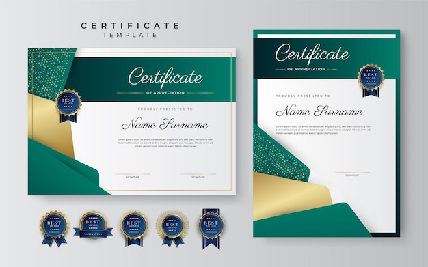 Modern elegant dark green and gold certificate of achievement template with gold badge and border Designed for diploma award business university school background and corporate