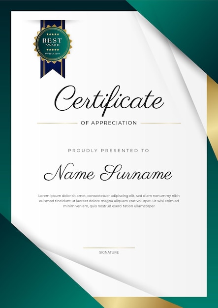 Modern elegant dark green and gold certificate of achievement template with gold badge and border Designed for diploma award business university school background and corporate