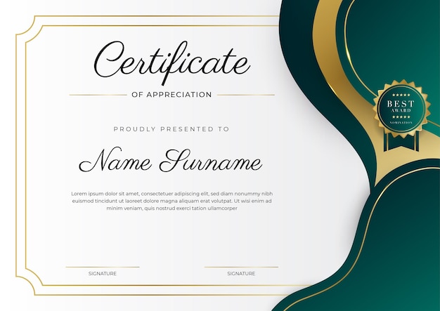 Modern elegant dark green and gold certificate of achievement template with gold badge and border Designed for diploma award business university school background and corporate