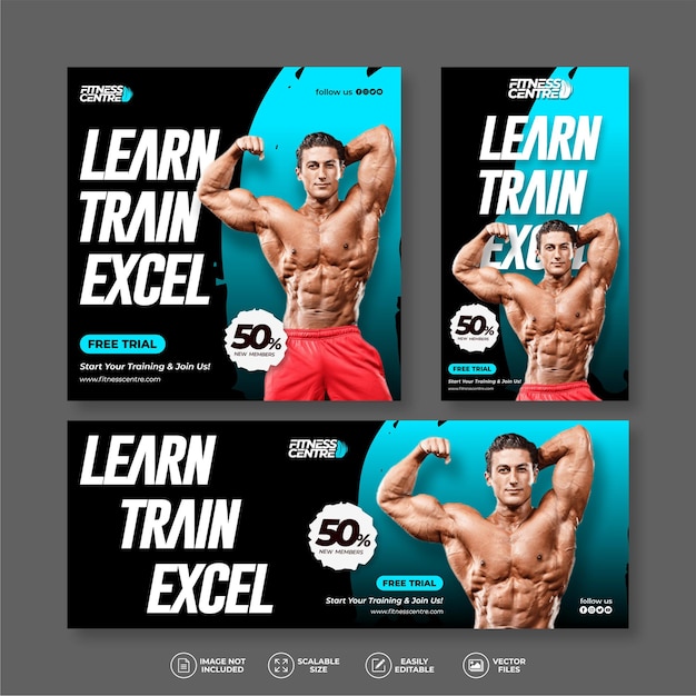 Modern and elegant fitness or gym exercise banner bundle set for social media post and instagram story template