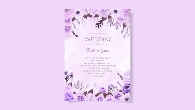 Современный элегантный цветочный венок шаблон свадебного приглашения премиум цветок фиолетовый