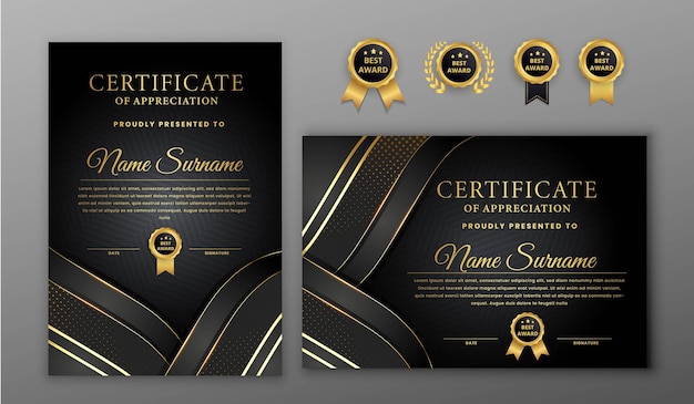 Certificato di mezzitoni oro e nero moderno ed elegante con modello di realizzazione badge