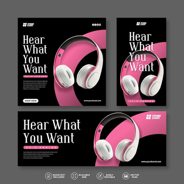 Vector modern and elegant headphone pink banner bundle set