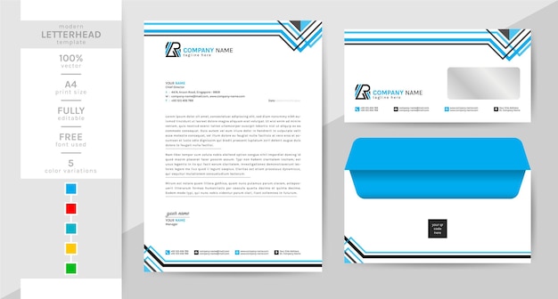 modern elegant letterhead and envelope design. a4 size and unique shape colorful work theme style.