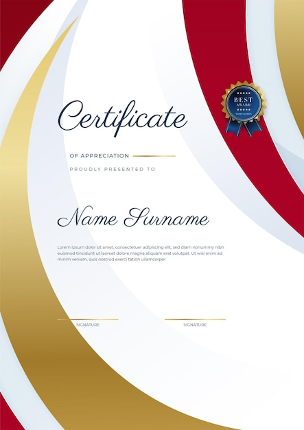 Современный элегантный красно-золотой шаблон сертификата о достижениях с золотым значком и рамкой. предназначен для получения диплома о бизнес-университетской школе и корпоративном образовании.