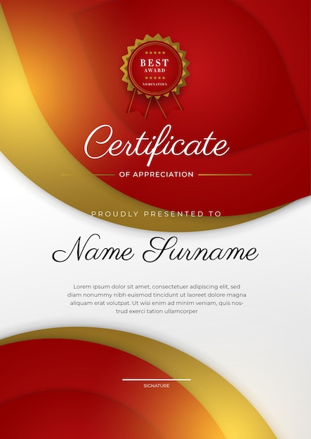 Современный элегантный красный и золотой шаблон сертификата диплома
