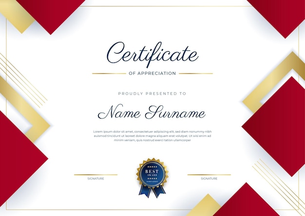 Modern elegant red and gold certificate of achievement template with gold badge and border Designed for diploma award business university school background and corporate