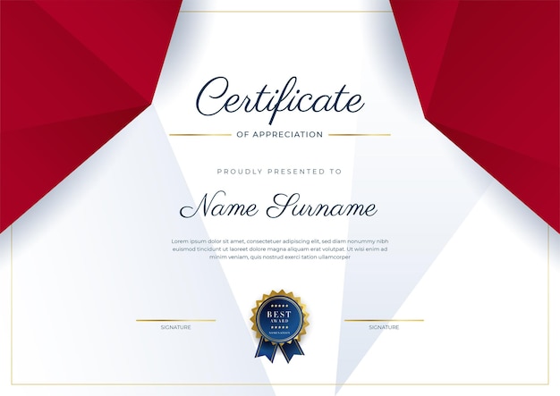 Modern elegant red and gold certificate of achievement template with gold badge and border Designed for diploma award business university school background and corporate