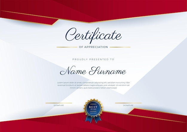 Современный элегантный красно-золотой шаблон сертификата о достижениях с золотым значком и рамкой. Предназначен для получения диплома о бизнес-университетской школе и корпоративном образовании.