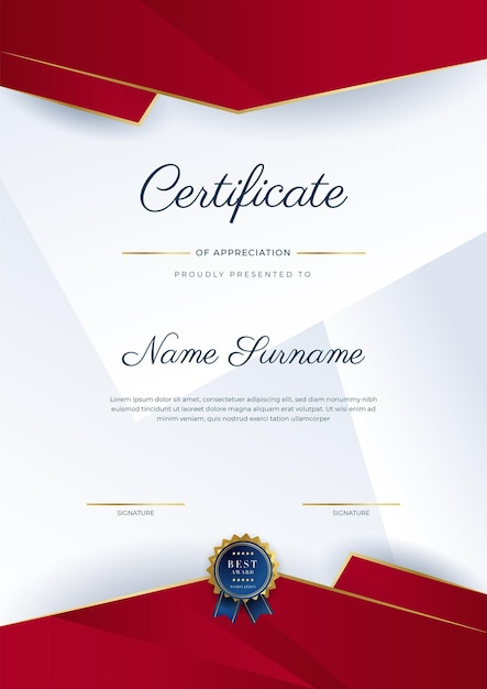 Modern elegant red and gold certificate of achievement template with gold badge and border Designed for diploma award business university school background and corporate