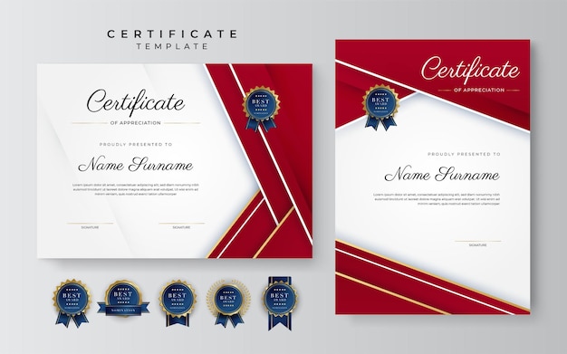 Modello di certificato di conseguimento moderno ed elegante rosso e oro con badge e bordo in oro progettato per lo sfondo della scuola universitaria aziendale e aziendale