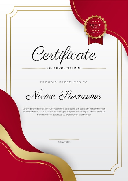 Modern elegant red and gold certificate of achievement template with gold badge and border Designed for diploma award business university school background and corporate