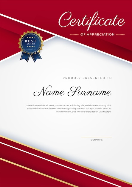 Modern elegant red and gold certificate of achievement template with gold badge and border Designed for diploma award business university school background and corporate