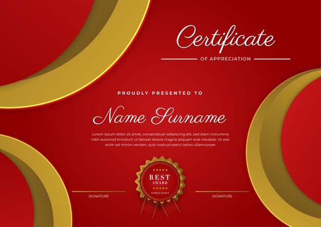 Modello di certificato di diploma moderno ed elegante rosso e oro