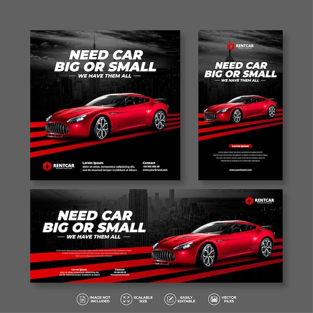 Vector modern and elegant sport car rent and sell banner bundle set for social media post and story template vector