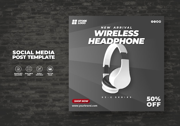 Vector modern and elegant white color wireless headphone brand product for social media template banner