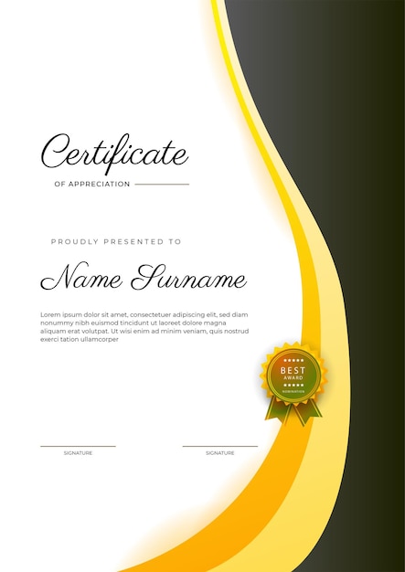 Modern elegant yellow and black certificate of achievement template with badge and border Designed for diploma award business university school and corporate