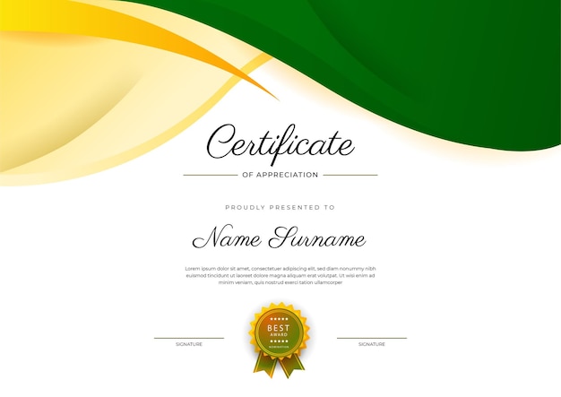 Vector modern elegant yellow and black certificate of achievement template with badge and border designed for diploma award business university school and corporate