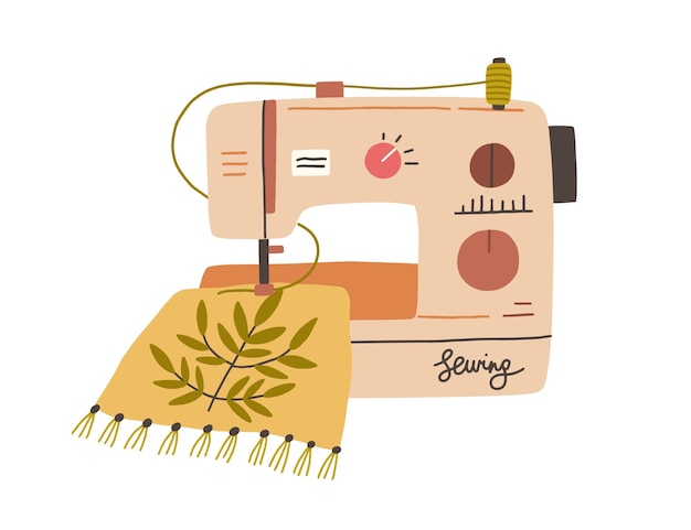 Vector modern embroidery machine with thread spool embroidering on canvas. process of needlework creation on sewing equipment. flat vector illustration of fancywork isolated on white background.