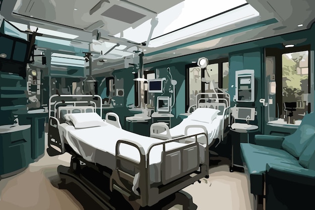Modern emergency room interior with row of empty hospital beds and various first aid medical