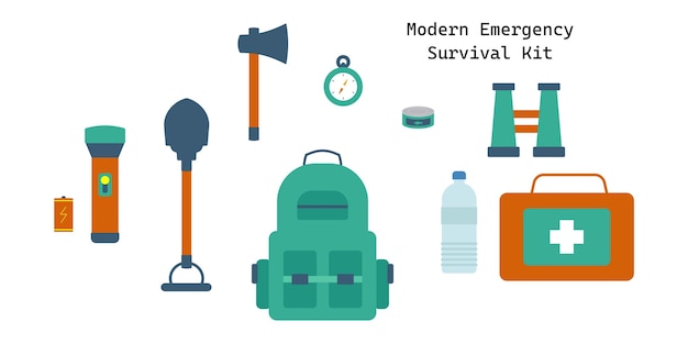 Vettore moderno kit di sopravvivenza in caso di emergenza