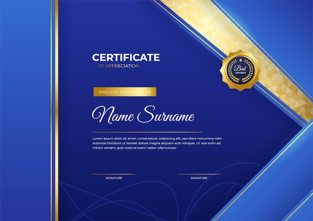 Modern employee golden blue certificate design template