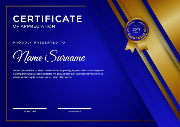 Modern employee golden blue certificate design template