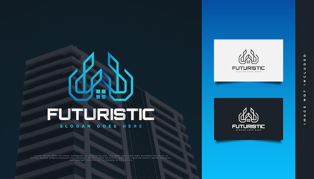 Modern en futuristisch onroerend goed-logo-ontwerp in blauw verloop met lijnstijl. Ontwerp van bouw-, architectuur- of gebouwlogo