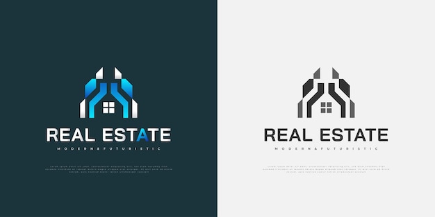 Modern en futuristisch onroerend goed-logo-ontwerp in wit en blauw verloop